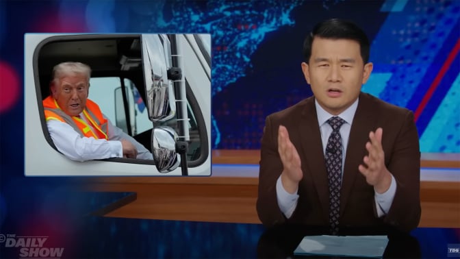 A man sits behind a talk show desk looking confused. In the top-left is an image of a man in hi-vis in a garbage truck.