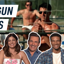 The cast of "Top Gun: Maverick" smiling in front of Tom Cruise with the text "Top Gun Jorts"