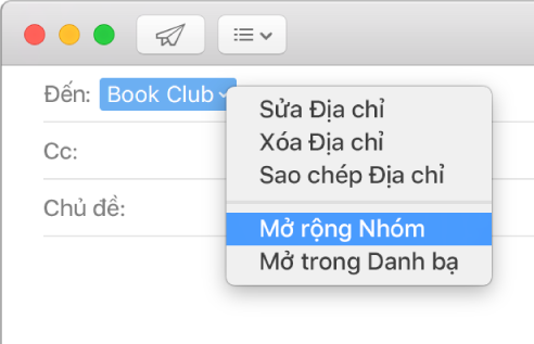 Email hiển thị nhóm trong trường Đến và menu bật lên hiển thị lệnh Mở rộng Nhóm.