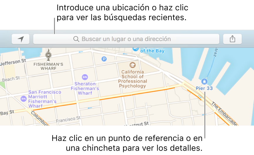 Introduce la ubicación en el campo de búsqueda o haz clic en ella para ver las búsquedas recientes. Haga clic en un punto de referencia o marcador para ver información.