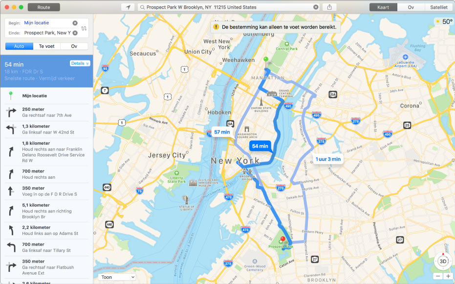 Kaarten-venster met daarin een routebeschrijving.
