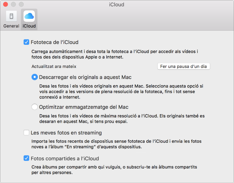 Tauler iCloud de les preferències de l’app Fotos.