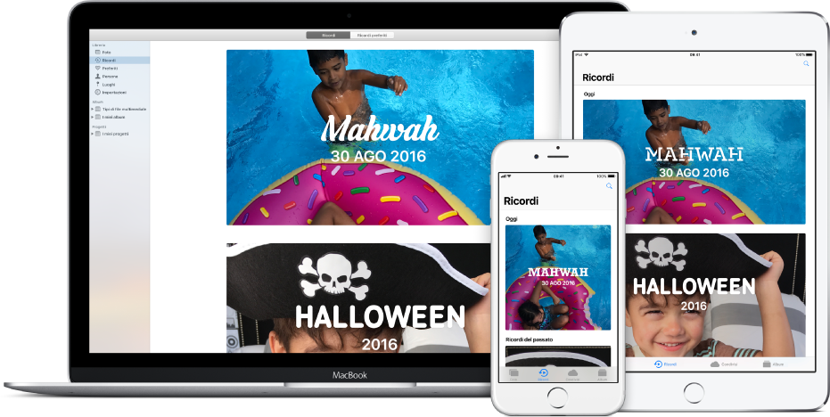 Mac, iPhone e iPad configurati per utilizzare la libreria foto di iCloud e lo stesso gruppo di foto su ogni dispositivo.