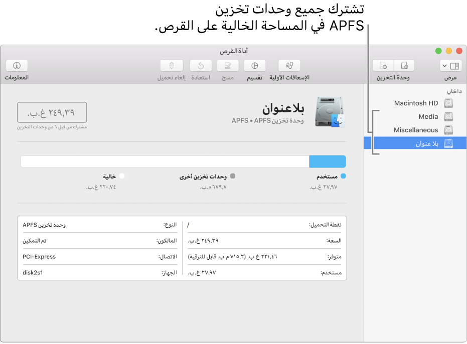نافذة أداة القرص وتظهر فيها حاوية APFS.