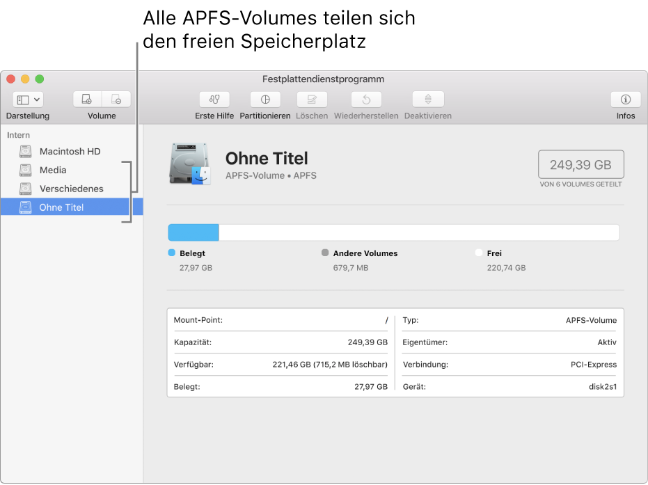 Das Fenster des Festplattendienstprogramms mit einem APFS-Container.