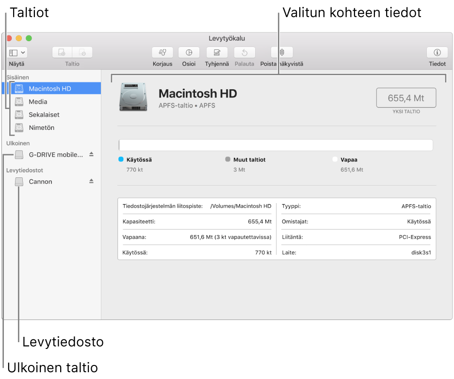 Levytyökaluikkuna, jossa näkyy APFS-taltio sisäisellä levyllä, taltio ulkoisella levyllä ja levytiedosto.