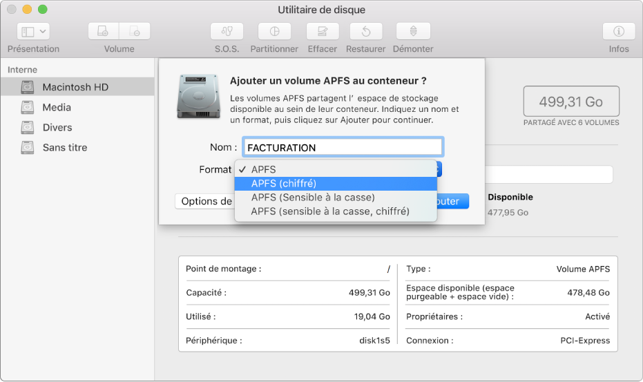 L’option APFS (chiffré) dans le menu Format.