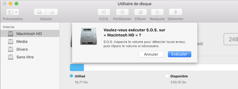 La zone de dialogue S.O.S. dans la barre d’outils d’Utilitaire de disque.