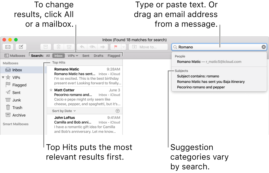 The mailbox being searched is highlighted in the search bar. To search a different mailbox, click its name. You can type or paste text into the search field, or drag an email address from a message. As you type, suggestions appear below the search field. They are organized into categories, such as Subject or Attachments, depending on your search text. Top Hits puts the most relevant results first.