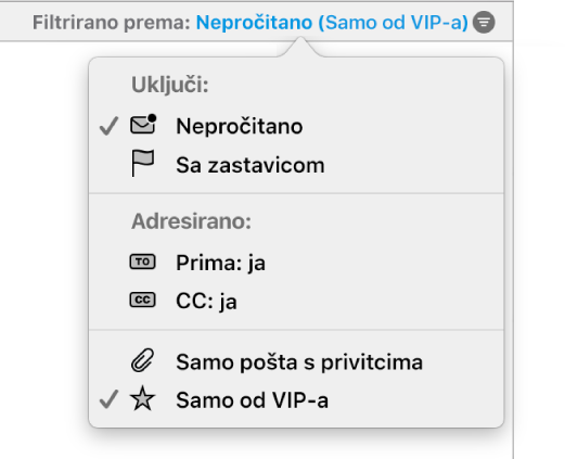 Skočni izbornik filtra prikazuje šest mogućih filtara: Nepročitano, Označeno zastavicom, Za: Me, CC: Ja, Samo pošta s privitcima i Samo od VIP-a.