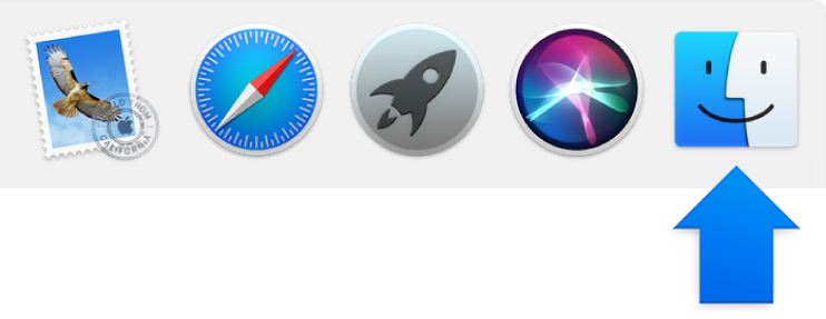 سهم أزرق يشير إلى أيقونة Finder على الجانب الأيسر من الـ Dock.