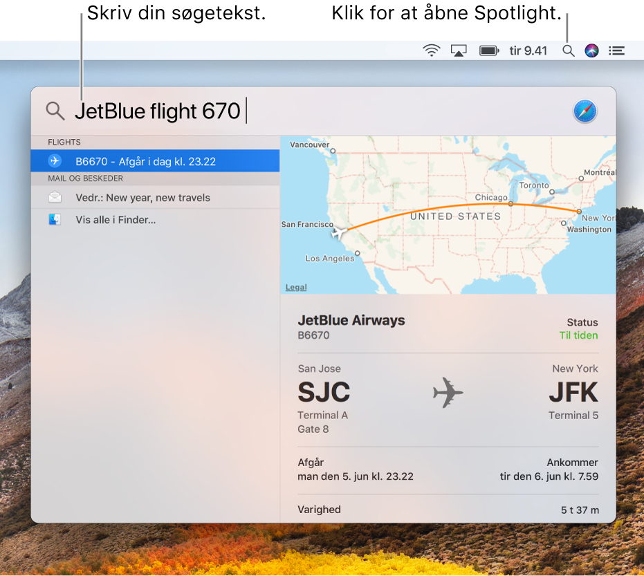 Spotlight-menuen, der viser et eksempel på en søgning med søgeresultater.