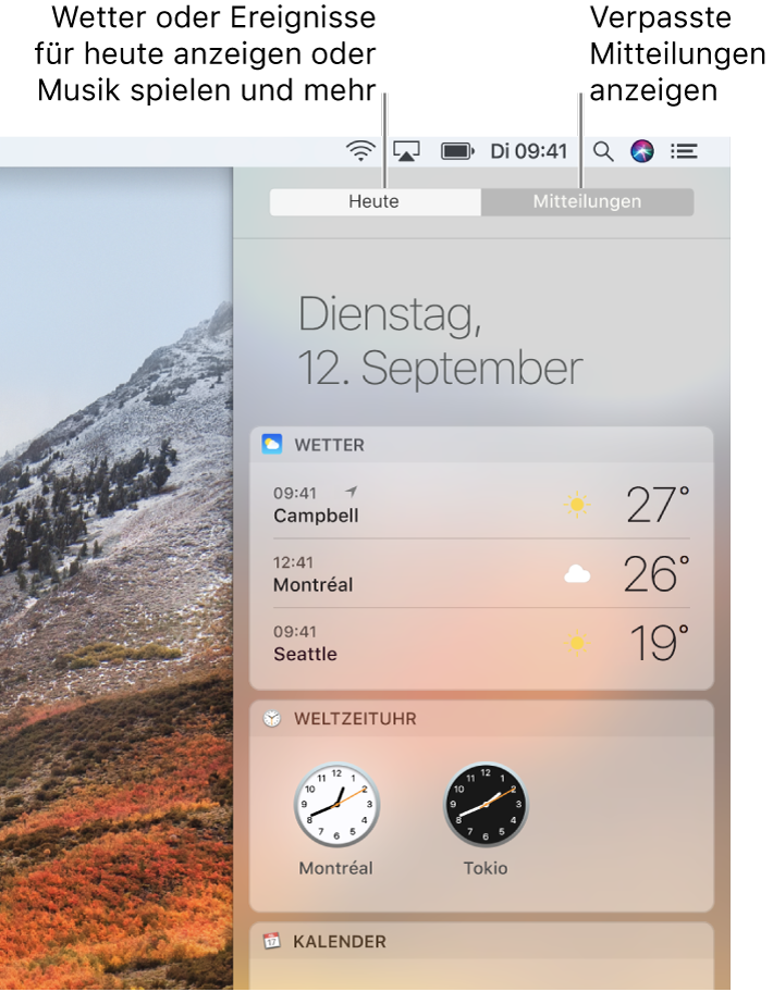 Darstellung „Heute“ mit Wetter und Weltzeituhren Klicke auf den Tab „Mitteilungen“, um Mitteilungen anzuzeigen, die du verpasst hast.