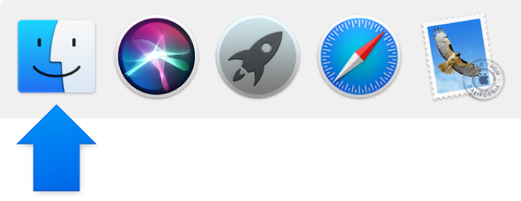 A blue arrow pointing to the Finder icon at the left side of the Dock.