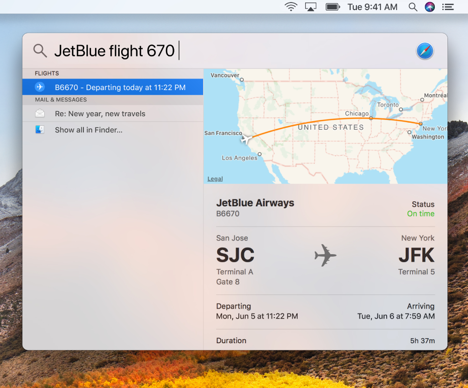 The Spotlight window showing flight status results.