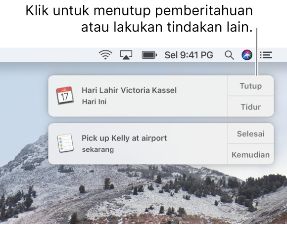 Pemberitahuan daripada app Kalendar dan Peringatan di penjuru kanan atas skrin.