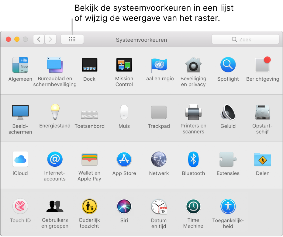 Het venster 'Systeemvoorkeuren' met het raster met symbolen. Klik op de knop 'Toon alles' in de knoppenbalk van het venster om de systeemvoorkeuren in een lijst weer te geven, of om de weergave van het raster te wijzigen.