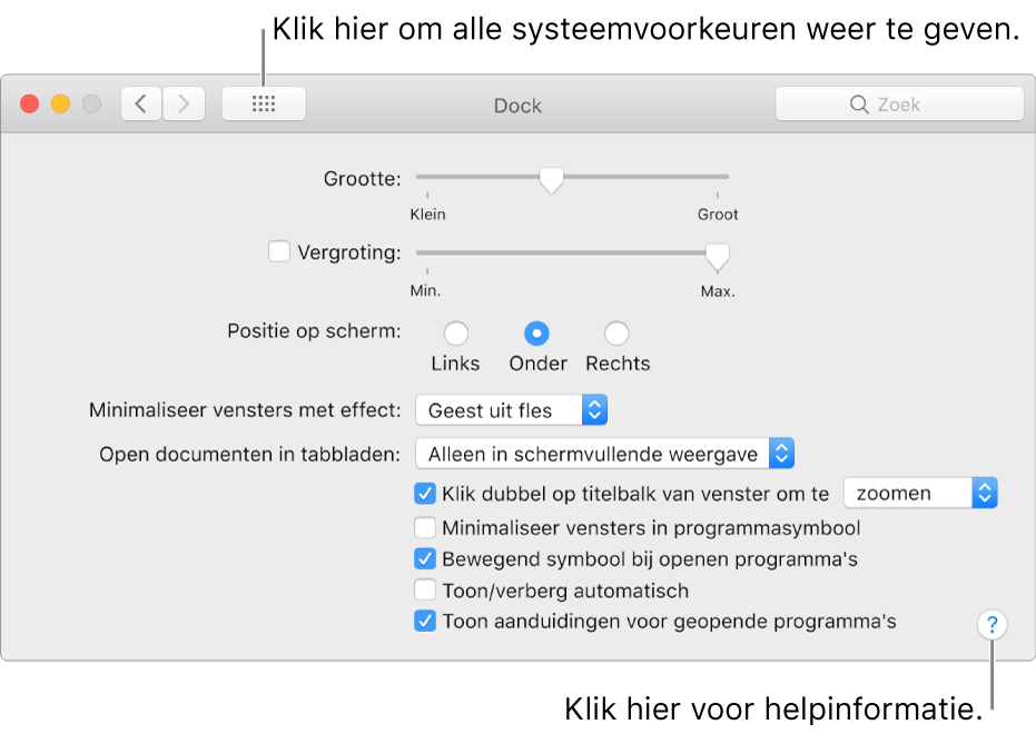 Klik op 'Toon alles' om alle voorkeurensymbolen te tonen. Klik op de knop met het vraagteken om de Help-tekst voor het paneel weer te geven.