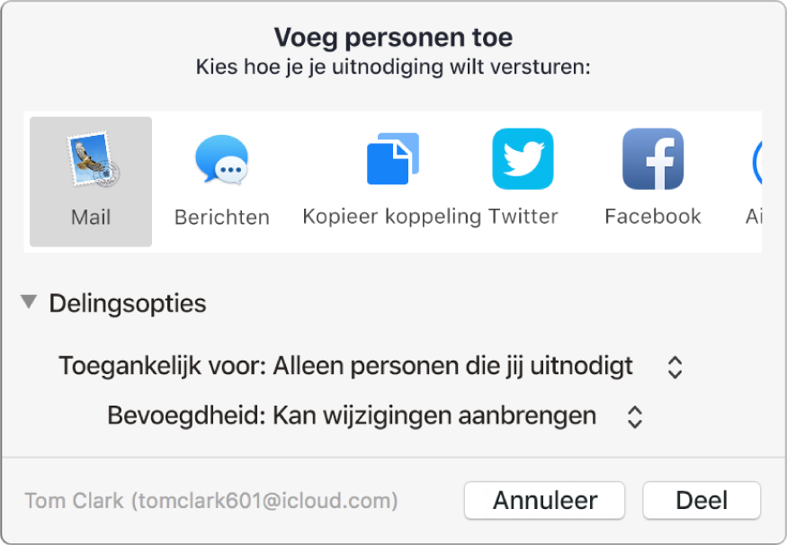 Het venster 'Voeg personen toe' met programma's waarmee je uitnodigingen kunt aanmaken en de opties voor het delen van documenten.