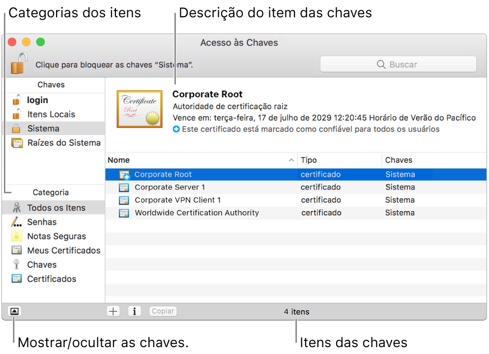 Áreas principais da janela do Acesso às Chaves: lista de categorias, lista dos itens de chaves e descrição dos itens de chaves.