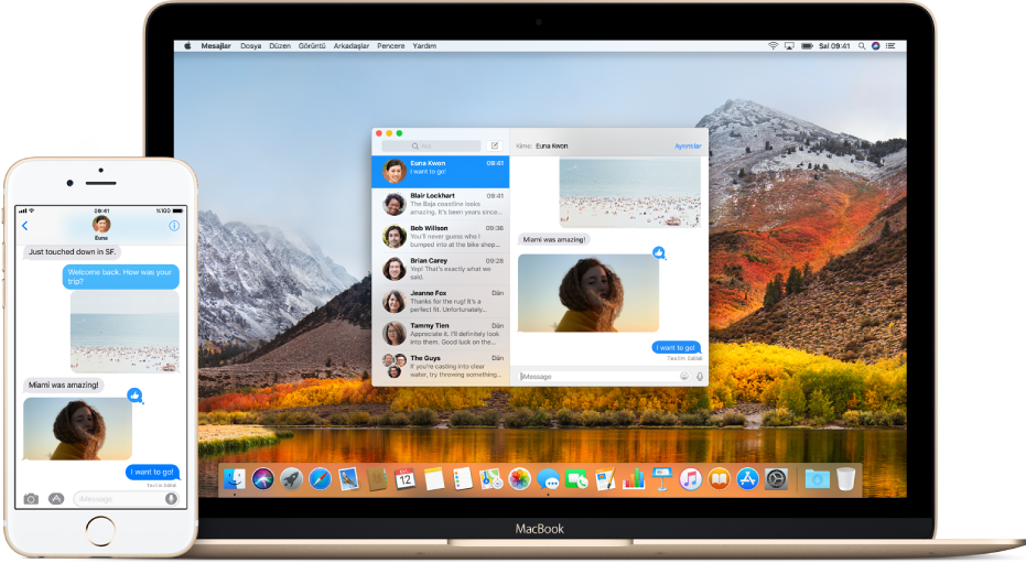 Her ikisi de aynı yazışmayı gösteren bir Mac ve bir iPhone’da Mesajlar uygulaması.