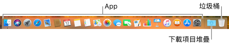 顯示 App 圖像、「下載項目」堆疊和垃圾桶圖像的 Dock。