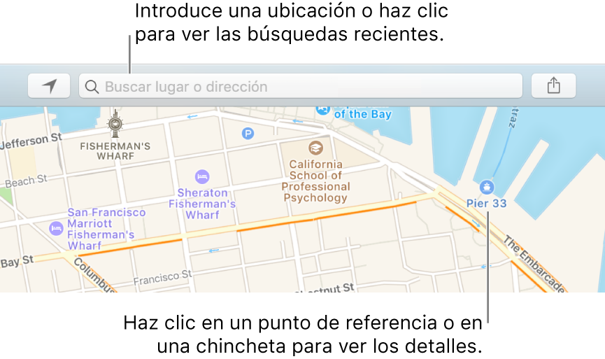 Introduce la ubicación en el campo de búsqueda o haz clic en ella para ver las búsquedas recientes. Haz clic en un punto de referencia o marcador para ver información.