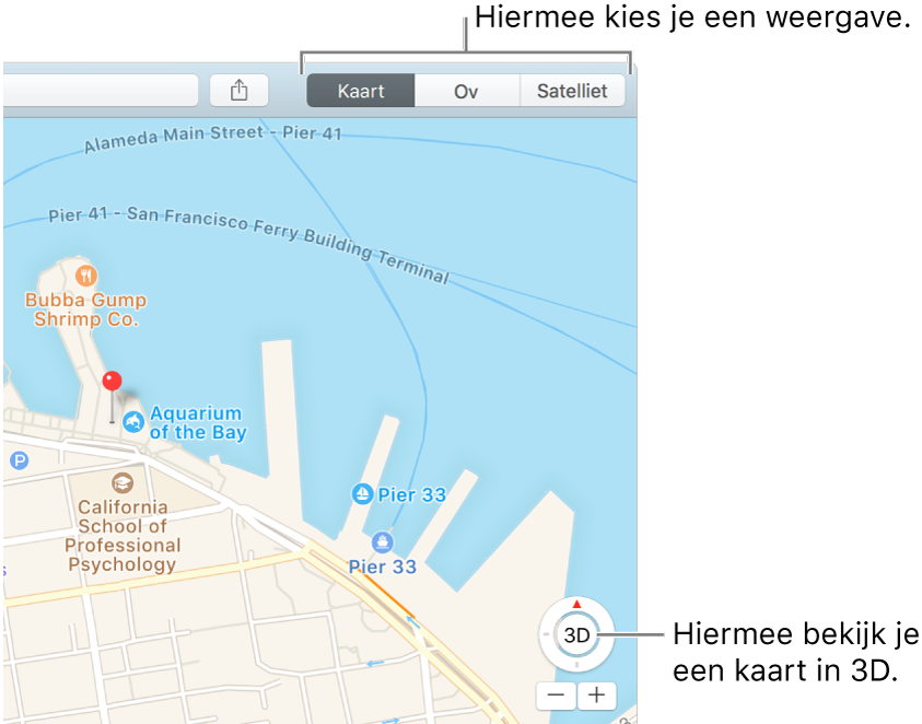 Klik op 'Kaart' of 'Satelliet' in de knoppenbalk om de weergave te wijzigen. Om een kaart in 3D weer te geven, klik je op de knop onder in het venster.