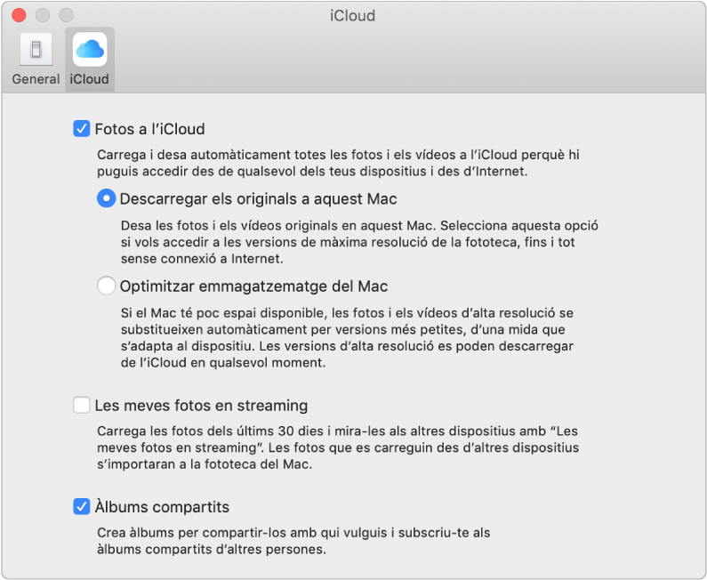 El tauler iCloud de les preferències de l’app Fotos.