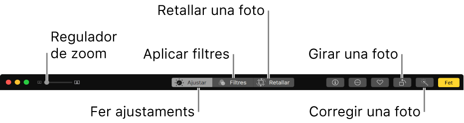 La barra d’eines d’edició amb els botons per fer ajustos, afegir filtres i retallar fotos.