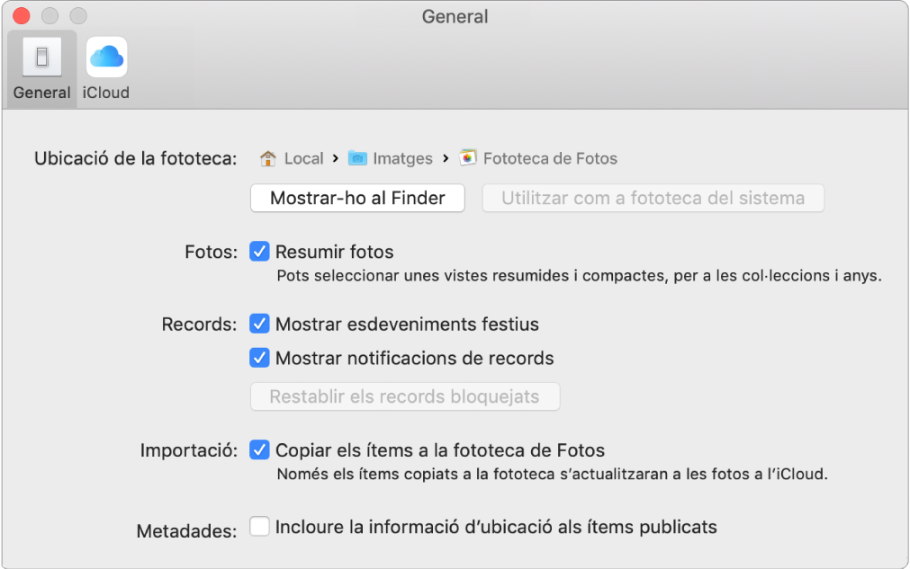 El tauler General de les preferències de l’app Fotos.