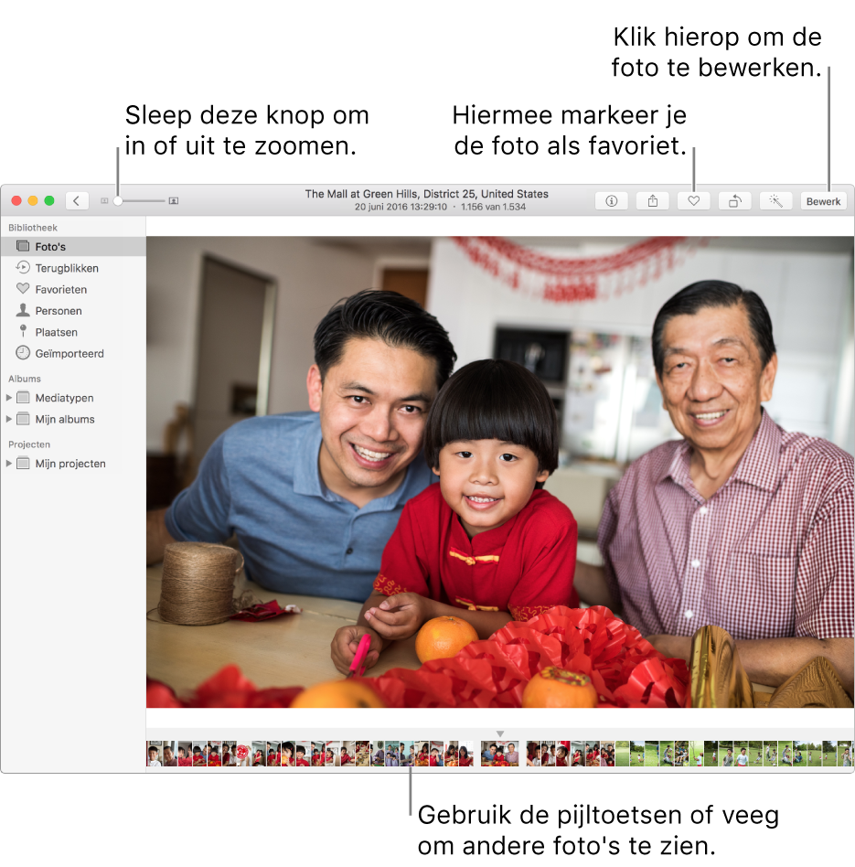 Het Foto's-venster met een vergrote foto aan de rechterkant met daaronder een rij met miniaturen. De knoppenbalk bovenin bevat de zoomschuifknop, de favorietenknop en de knop 'Bewerk'.