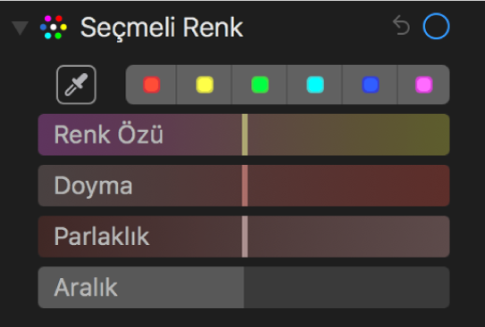 Renk Özü, Doyma, Parlaklık ve Aralık sürgülerinin gösterildiği Seçmeli Renk denetimleri.