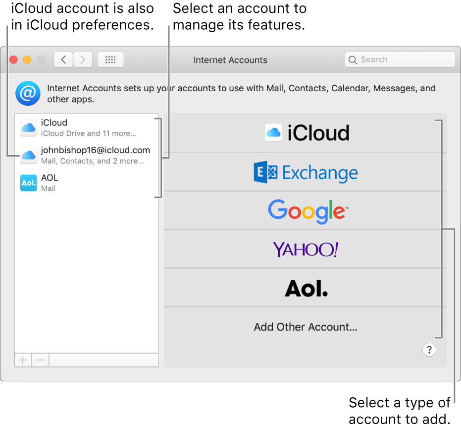 Internet Accounts preferences with accounts listed on the right and available account types listed on the left.