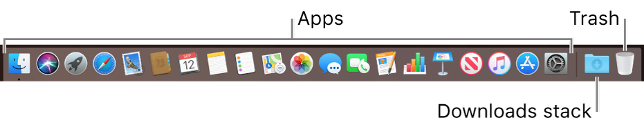 The Dock showing icons for apps, the Downloads stack, and the Trash.