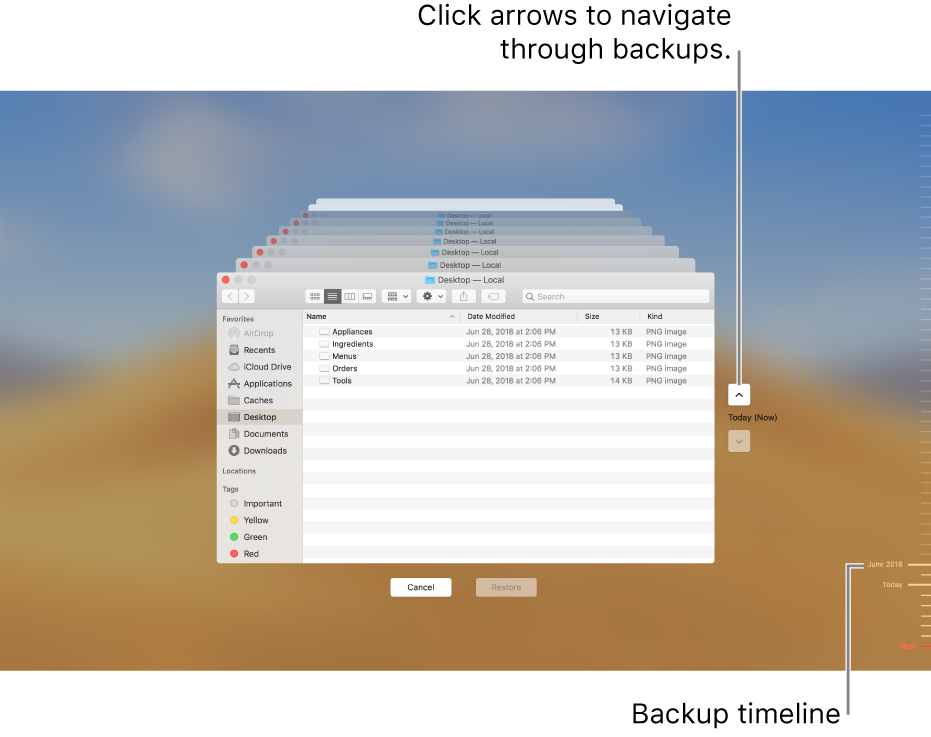 When you open Time Machine, you see a blurred screen with multiple Finder screens stacked to represent backups. Click the arrows to navigate through your backups (or click in the backup timeline on the right), and choose which files to restore.