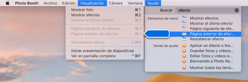 El menú de ayuda de Photo Booth con un resultado de búsqueda para un elemento del menú seleccionado y una flecha apuntando al elemento en los menús de la app.