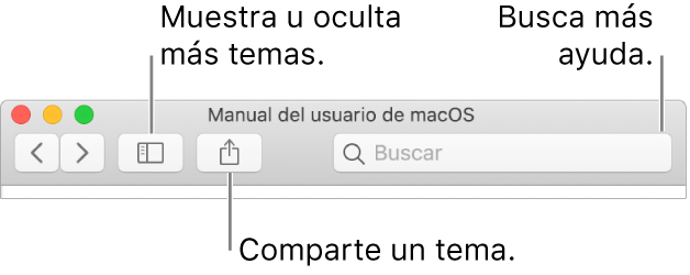 Una ventana de ayuda mostrando el botón en la barra de herramientas para hacer clic en Ocultar o Mostrar el contenido, el botón para compartir un tema y el campo de búsqueda para buscar temas.