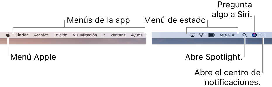 La barra de menús. En la izquierda está el menú Apple y los menús de las apps. A la derecha están los menús de estado, y los íconos Spotlight, Siri y Centro de notificaciones.