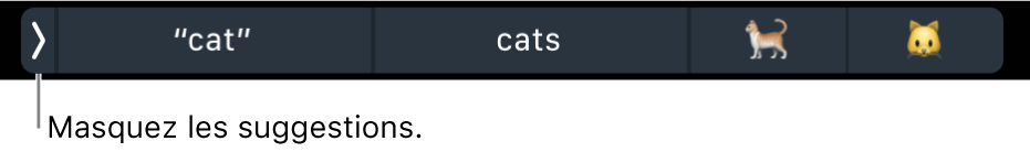 Suggestions affichant des mots et des Emoji, ainsi que le bouton à gauche permettant de masquer les suggestions.
