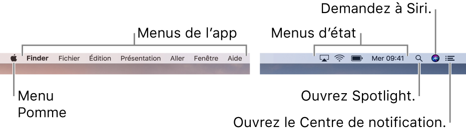 La barre des menus. Le menu Pomme et les menus d’app se trouvent à gauche. Les icônes des menus d’état, Spotlight, Siri et du Centre de notifications se trouvent à droite.