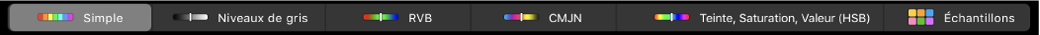 La Touch Bar affichant des modèles colorimétriques, de gauche à droite : Simple, Niveaux de gris, RVB, CMJN et TSL. Le bouton Échantillons se trouve à l’extrémité droite.