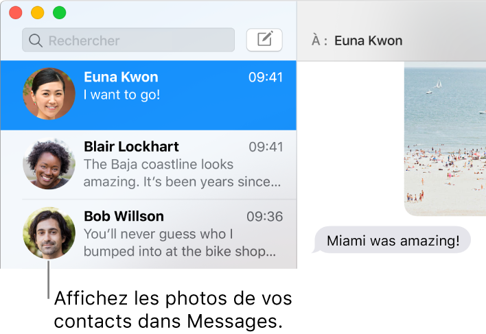 Barre latérale de l’app Messages affichant les images qui représentent les personnes en regard de leurs noms.