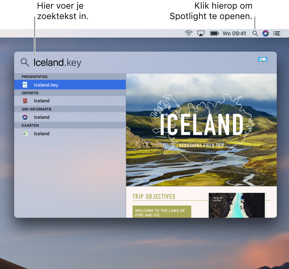 Het Spotlight-menu met een voorbeeld van een zoekopdracht en zoekresultaten.