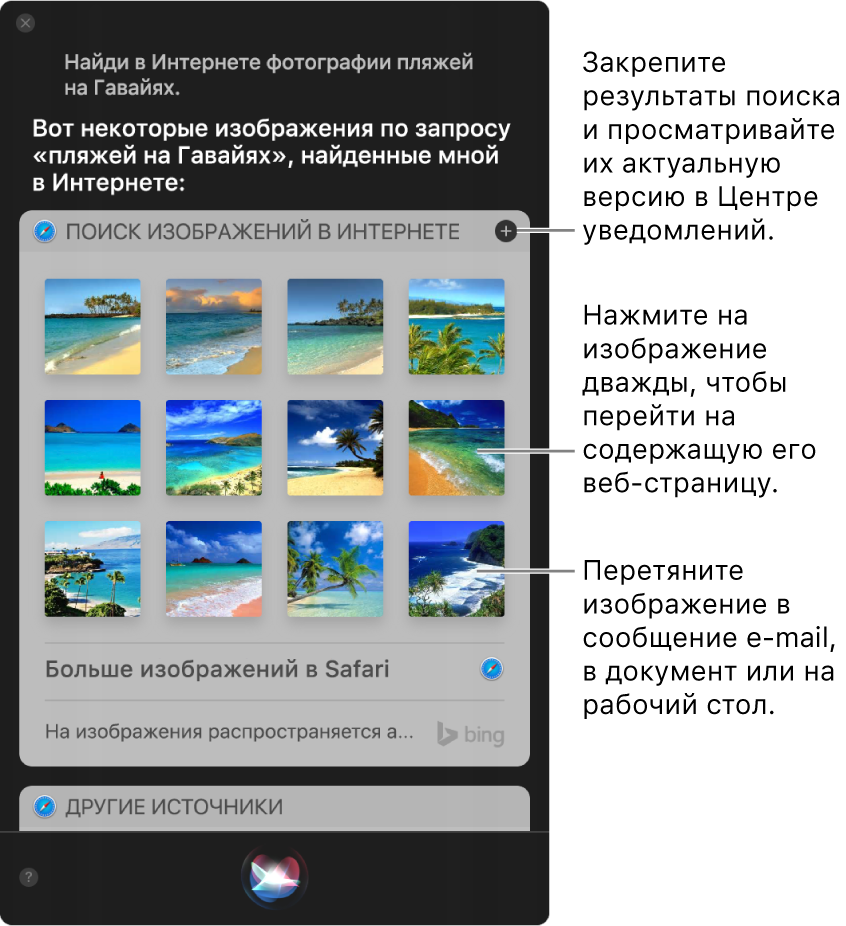 Окно Siri, в котором показаны результаты выполнения команды «Найди в Интернете изображения пляжей Гавайских островов». Можно закрепить результаты в Центре уведомлений, дважды нажать изображение, чтобы открыть содержащую его веб-страницу, или перетянуть изображение в электронное письмо, документ или на рабочий стол.