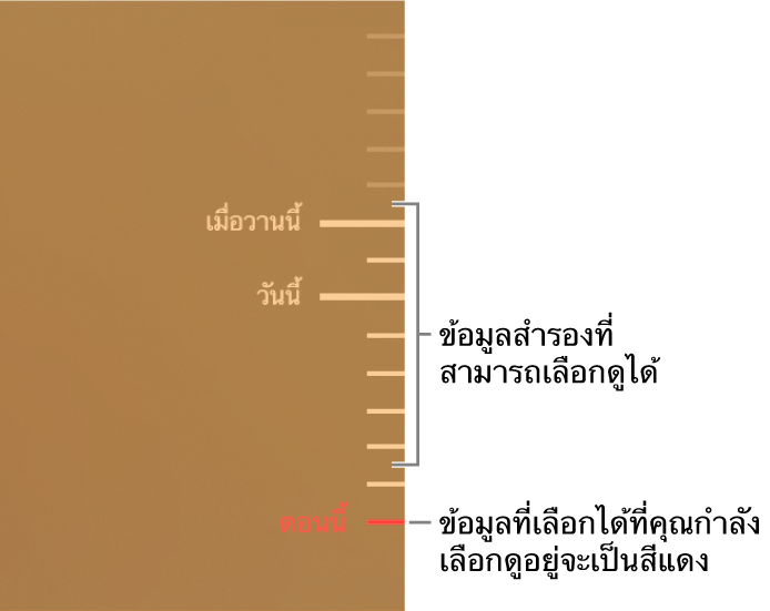 ทำเครื่องหมายในไทม์ไลน์ข้อมูลสำรอง เครื่องหมายถูกสีแดงจะระบุถึงข้อมูลสำรองที่คุณกำลังเลือกหา