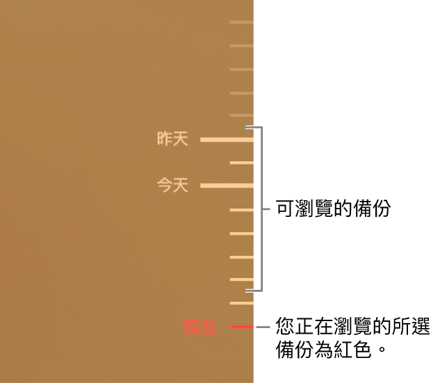 備份時間列中的刻度符號。紅色的勾選符號表示您正在瀏覽的備份。