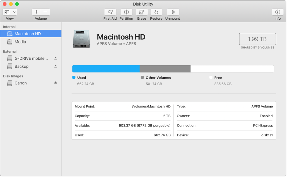 Four volumes in the APFS container in the Disk Utility sidebar.