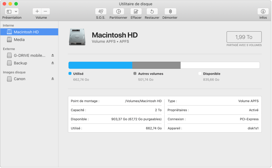 Trois volumes dans le conteneur APFS dans la barre latérale Utilitaire de disque.