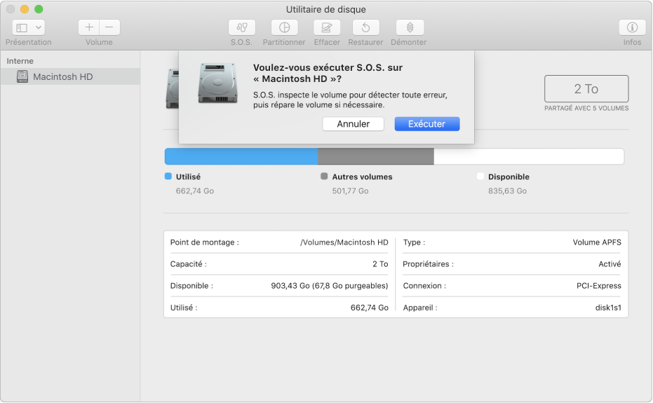 La zone de dialogue S.O.S. dans la barre d’outils d’Utilitaire de disque.